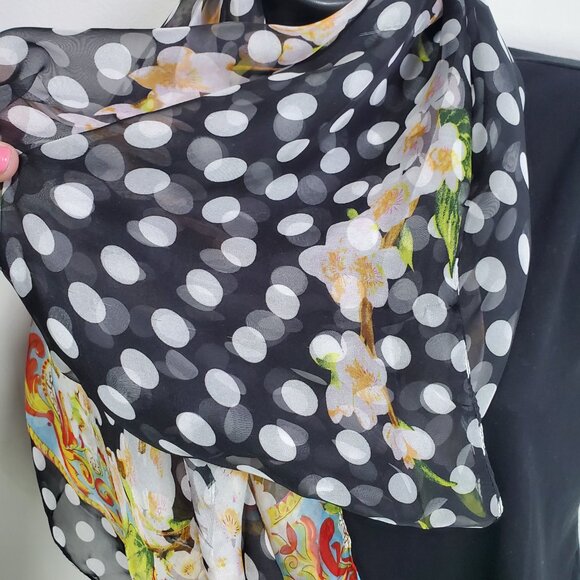 VINTAGE 100% Silk Polka Dot Floral Scarf Shawl Wrap Sheer Retro Pin-Up 72" x 35" - Picture 7 of 11